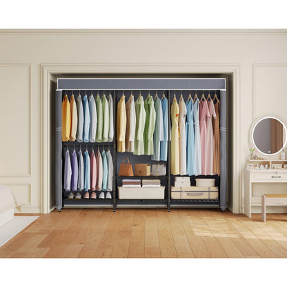 Higeego H8 Heavy Duty Clothes Rack with Cover, Covered Garment Rack with Shelves, Wardrobe Closet with Cover, Portable Closet Organizer Storage, Black Clothing Rack with Grey Cover