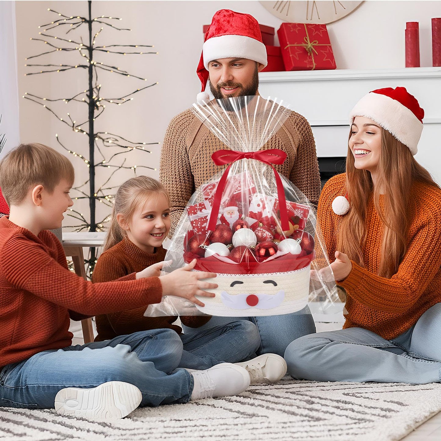 Zopeal Christmas Woven Basket with Gift Bag, Ribbon and Red Tissue Paper Santa Emoticon Woven Storage Bin Empty Basket Holiday Decorative for Xmas Gifts, 12 x 8 x 5 inch