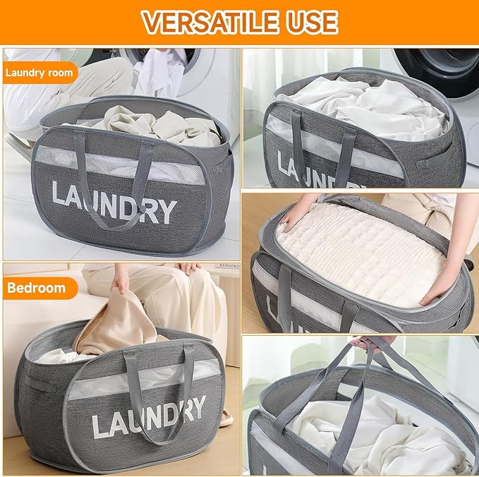 Foldable Laundry Basket with Lid, Oxford Cloth Reinforced Steel Ring