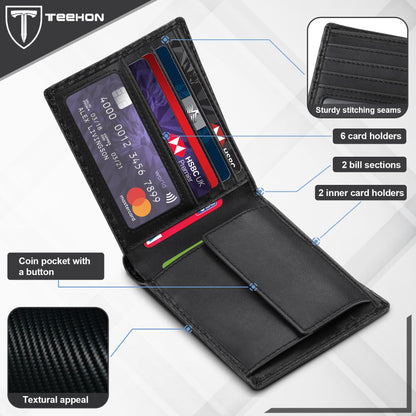 TEEHON® Wallets Mens, Leather Wallet, RFID Blocking Wallet, Wallets for Men UK with Coin Pocket, 2 Banknote Compartments, 8 Card Holders, Mens Wallet with Gift Box