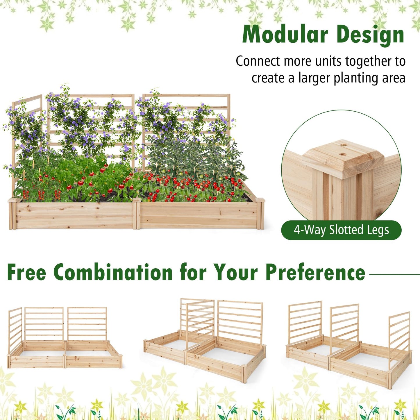 S AFSTAR Raised Garden Bed with 3 Trellis & 2 Planter Boxes, Outdoor Wooden 88" L x 45" W x 43" H Planter Box Kit for Flower Herb Vegetable Fruit Climbing Vines, Gardening Planter for Garden Patio
