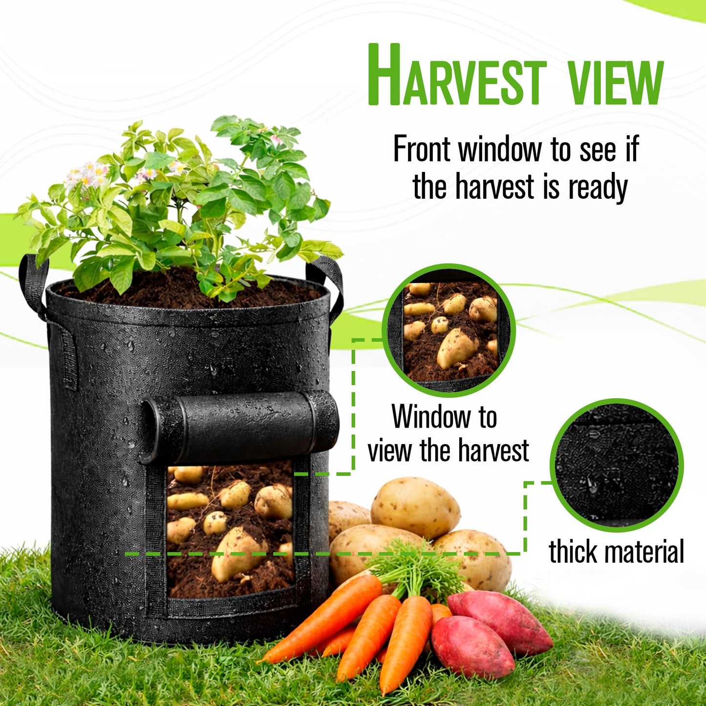 SunVara 10 Gallon Grow Bags, 5 Pack - Breathable Fabric Plant Pots with Handles & Harvest Window for Potatoes, Tomatoes, Vegetables
