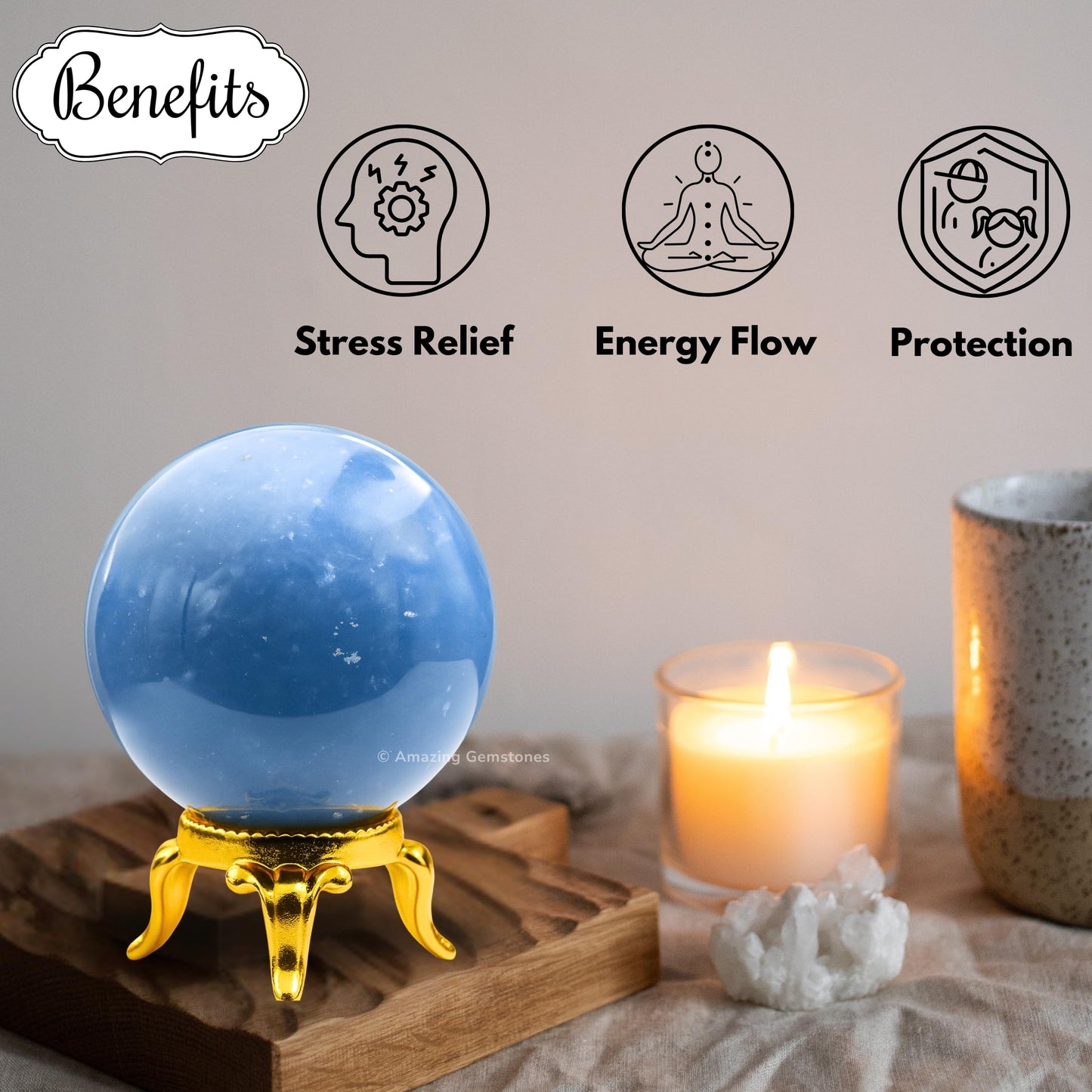 Amazing Gemstone Angelite Crystal Ball with Stand - 2" Inches Crystal Sphere Meditation Balls for Witchcraft and Decorative Balls