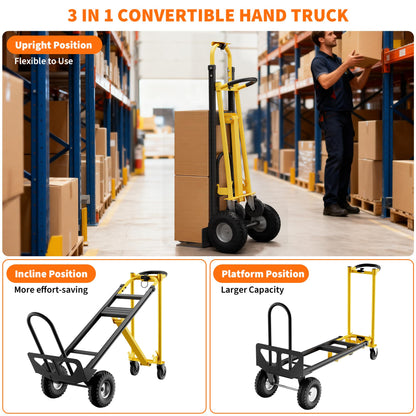 3-in-1 Heavy Duty Convertible Hand Truck, 800 lbs Capacity Dolly Cart with Wheels, Foldable Dolly Cart Converts from Hand Truck Dollys to Platform Carts, for Moving, Shopping, Travel(Yellow+Black)