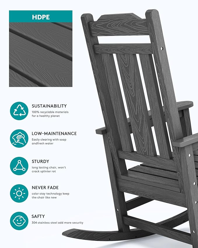 SERWALL Gray Outdoor Rocking Chair Set of 4, All Weather Patio Rocking Chair, HDPE Poly Rocking Chair for Adults, Heavy Duty Front Porch Rocker