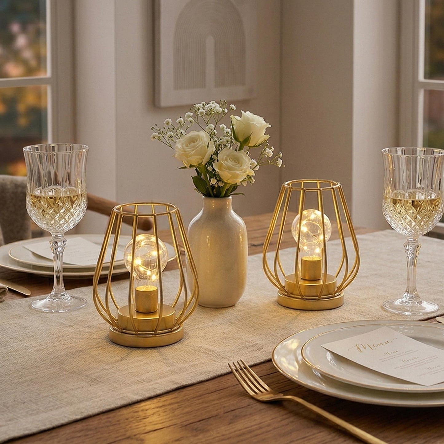 TRIROCKS Set of 2 Metal Battery Operated Lamp 7'' Tall Mini Cage Shape Cordless Table Lamp Battery Lanterns with Warm Fairy Lights Bulb for Patio Garden Wedding Parties Indoor Outdoor(Gold)
