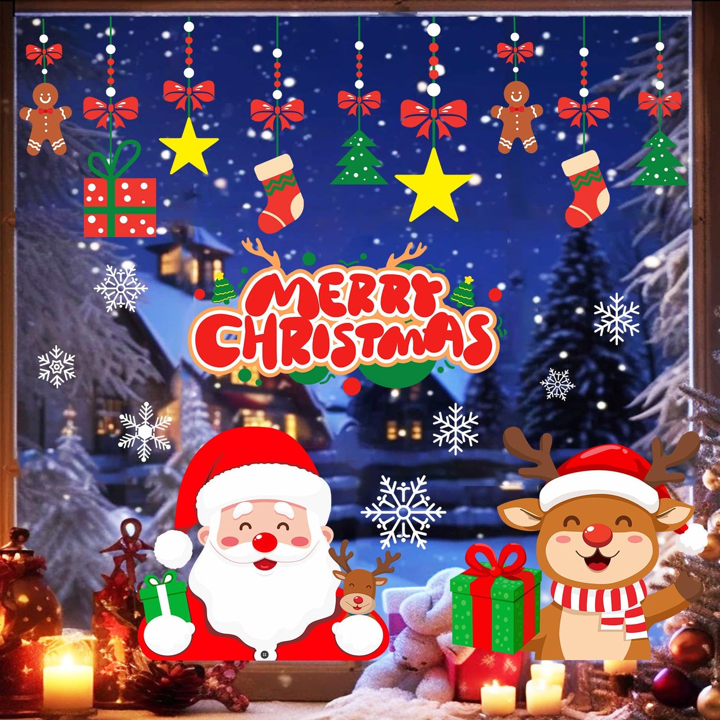 T&W SAME FILM Christmas Window Clings Stickers for Glass, Window, Car Decor, Xmas Decals Decorations Holiday Snowflake Santa Claus Reindeer Decals for Party, Reusable, 6 Sheets