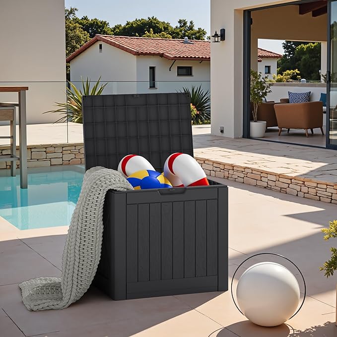 JUMMICO 42 Gallon Deck Box Waterproof, Resin Outdoor Storage Box with Side Handles, Outdoor Storage Benches Lockable for Patio Cushions and Garden Tools (Black)