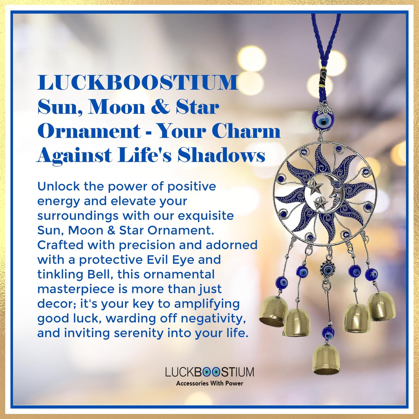 LUCKBOOSTIUM Sun, Moon & Star Ornament with Hanging Evil Eye and Bell - Protection, Blessing & Strength for Car Rear View Mirror, Home, Office Decor - Evil Eye Charm, Bell Car Mirror Hanging