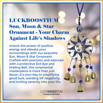 LUCKBOOSTIUM Sun, Moon & Star Ornament with Hanging Evil Eye and Bell - Protection, Blessing & Strength for Car Rear View Mirror, Home, Office Decor - Evil Eye Charm, Bell Car Mirror Hanging
