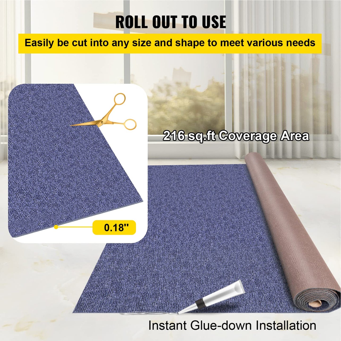 Happybuy 6 ft x 36 ft Deep Blue Marine Carpet for Boats Waterproof - 0.18" Thick Indoor Outdoor Rug Carpet Roll for Home Patio Porch Deck