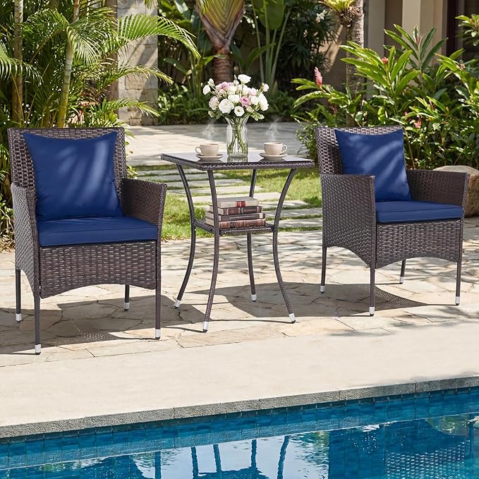 Tangkula 3 Pieces Patio Wicker Bistro Set, 2 Rattan Chairs w/ 2-Tier Tempered