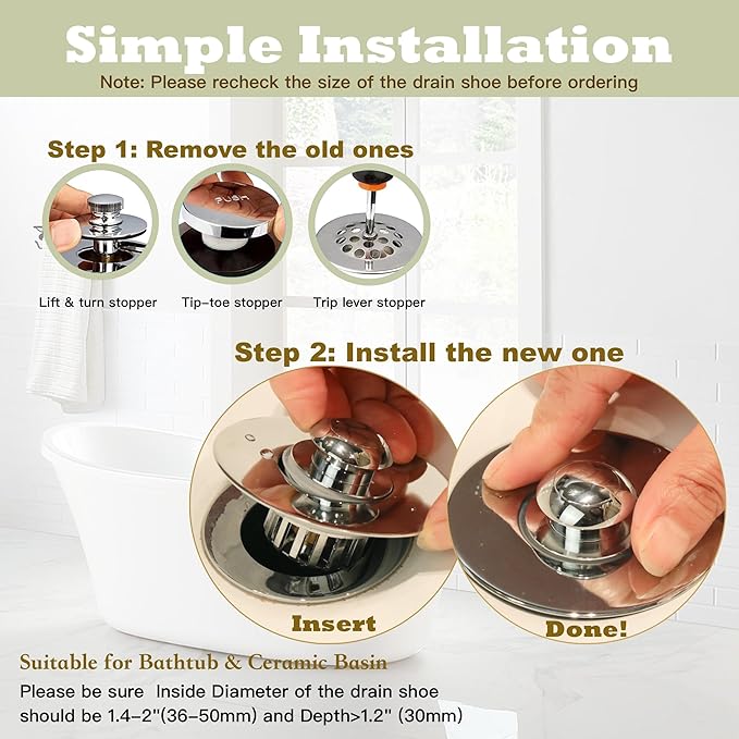 Kitchen Sink Drain Strainer 3 in 1, 304 Stainless Steel Pop Up Sink Stopper