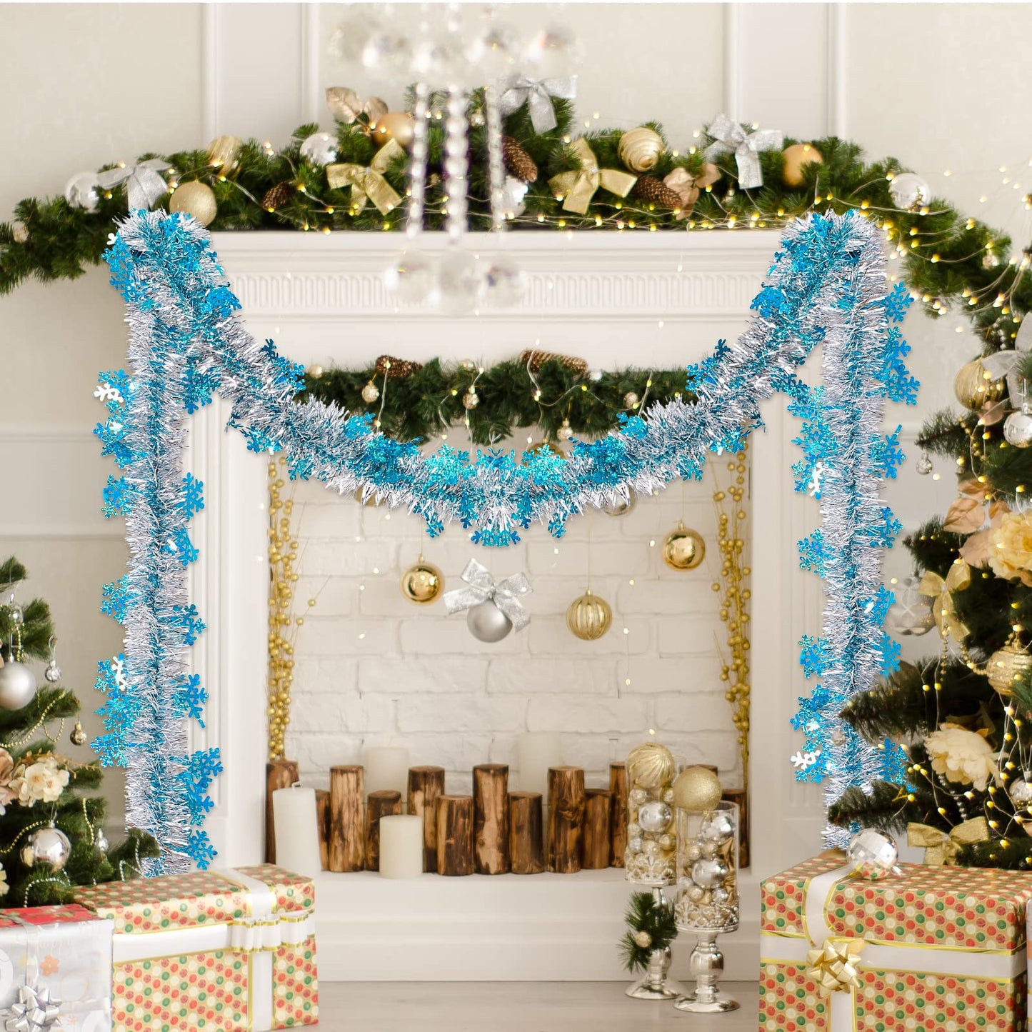 AnyDesign 32.8 Ft Christmas Tinsel Garland Blue Silver Metallic Twist with Snowflakes for Xmas Tree Classroom Office Party Decor DIY Craft