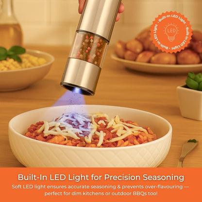 Innoteck Essentials Electric Salt and Pepper Mill Set - Battery-Operated Stainless-Steel Pepper Mill with Light - One Touch Operation - Salt & Pepper Mills - Adjustable Coarseness - Ceramic Grinder