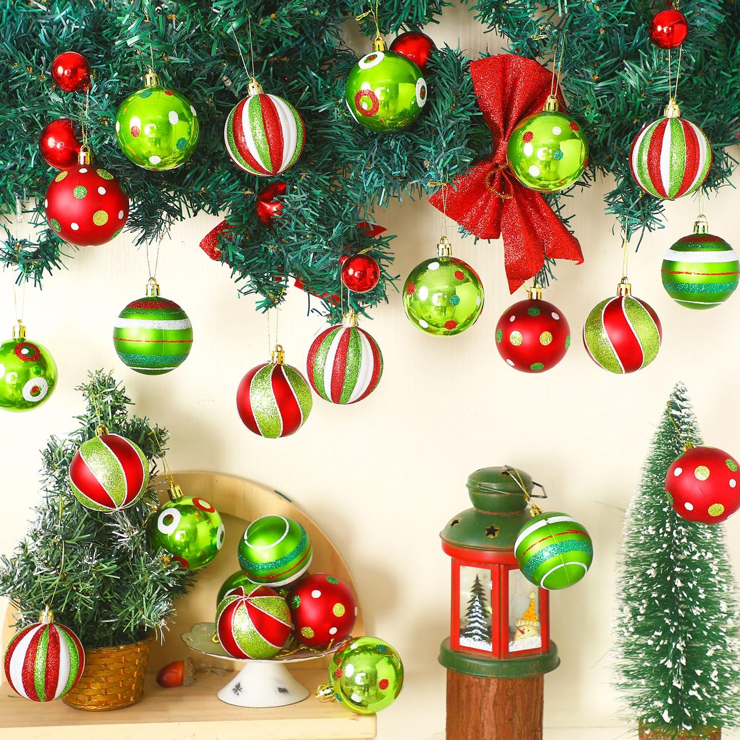 Jetec 24 Pcs Lime Green and Red Christmas Ball Ornaments for Tree 2.4 Inch Polka Dots Stripes Christmas Decorations Shatterproof Peppermint Candy Cane Xmas Baubles for Tree Home Wreath Party Decor