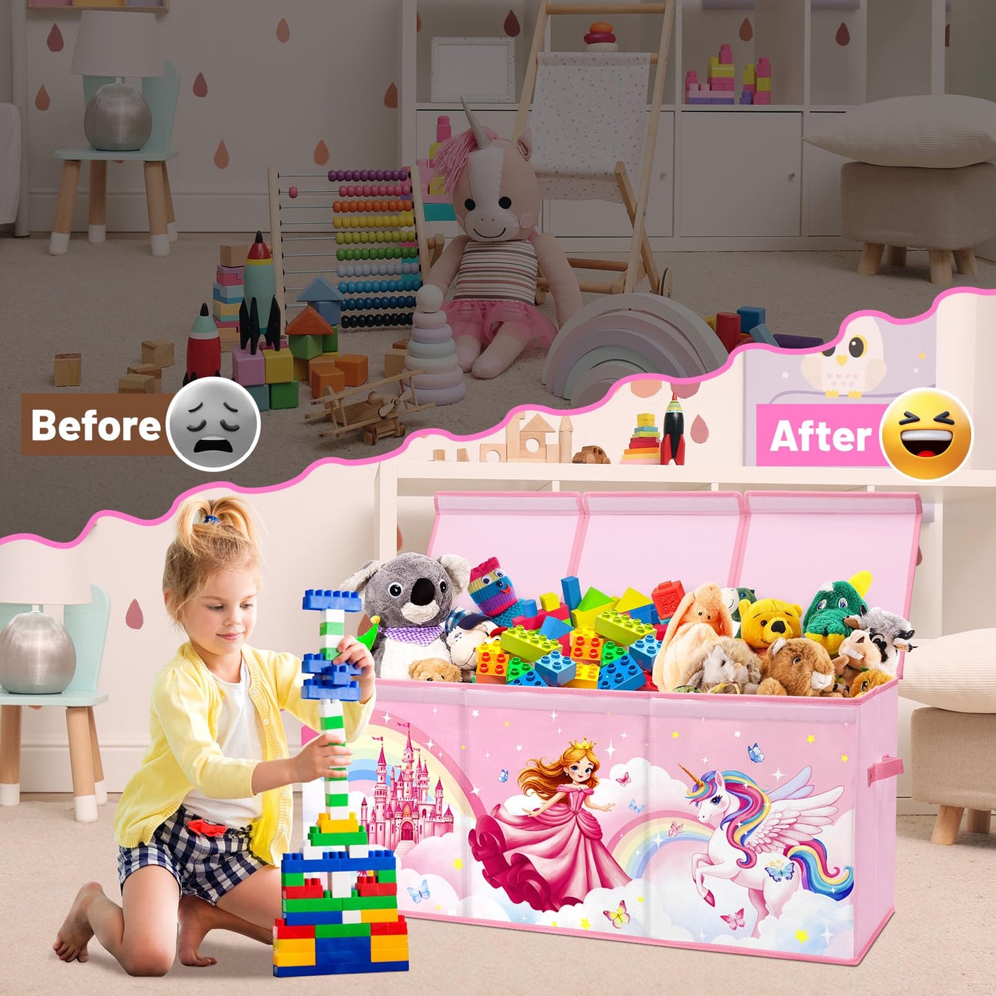 Toy Storage Bin with Lids,Extra Large Toy Box Chest with Handles for Kids Boys Girls,Collapsible Storage Organizer Box Bin Basket for Bedroom,Playroom, Nursery,37.8"x12.6" x15.7",Princess Unicorn