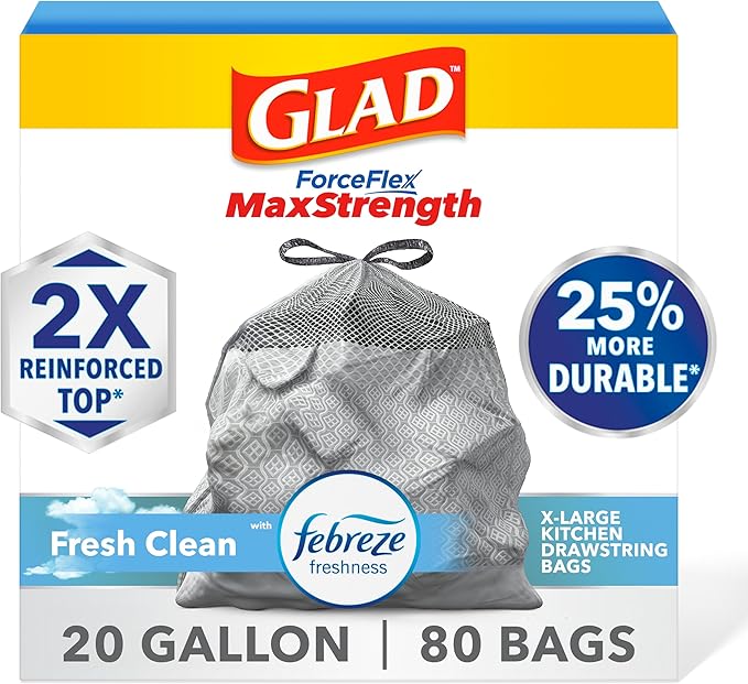 Glad ForceFlex MaxStrength Kitchen Trash Bags, 20 Gal, Fresh Clean Febreze
