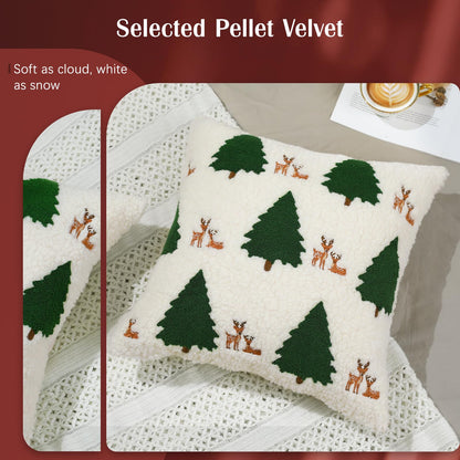 Lewondr Christmas Pillow Covers 18x18 inch, 2 Pack Christmas Throw Pillow Covers with Reindeer Embroidery, Soft Velvet Xmas Tree Pillows Cover for Living Room Couch Sofa Bed Home Decoration, Beige
