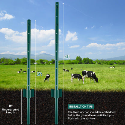 URBANVISTA 10 Pack Metal Fence Posts, 3 FT Heavy Duty U-Post, Green Garden Stakes, No-Dig Post Anchors for Wire Fences, Temporary Fencing, Electric Fence, and Corner Support