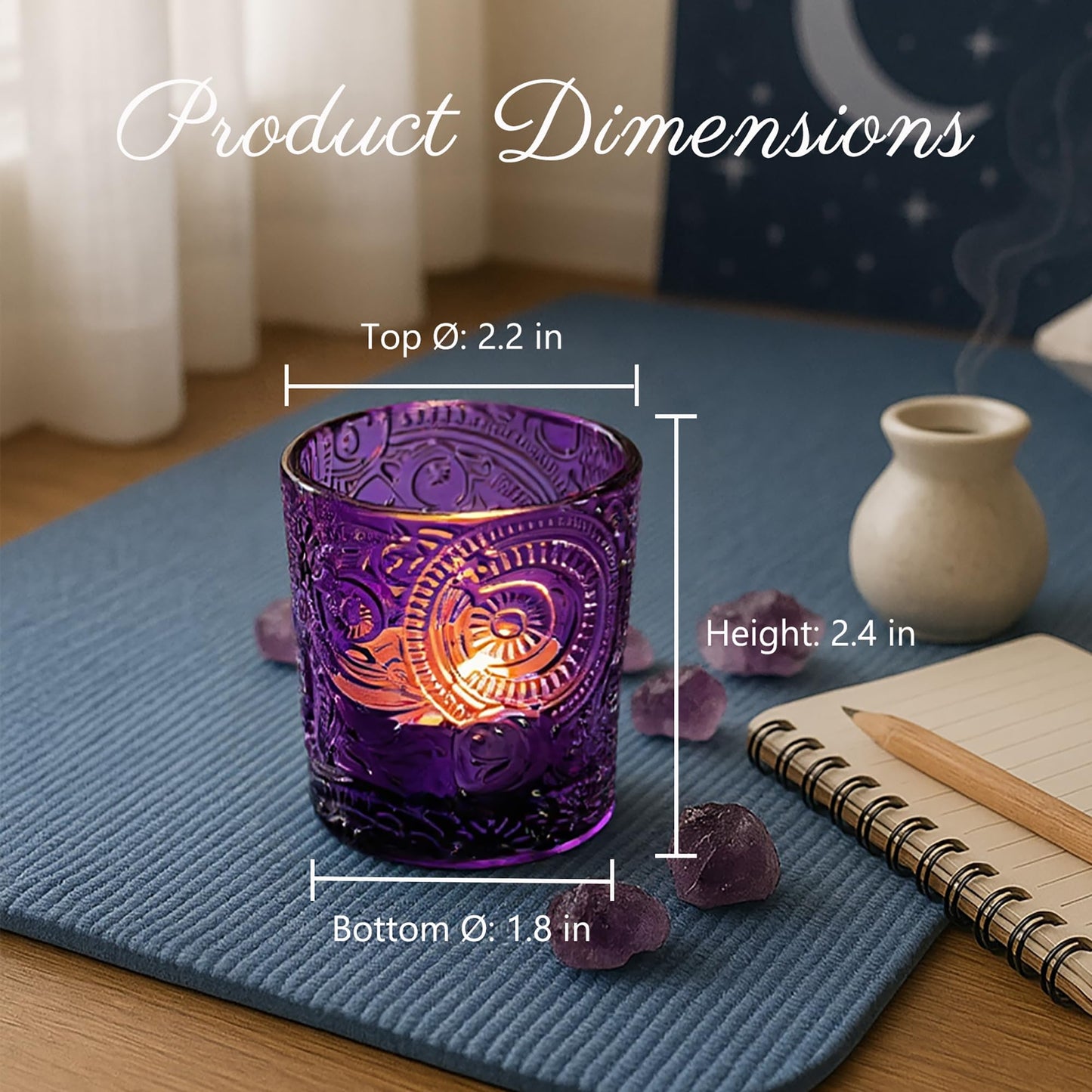 12 Pack Sun Moon Star Embossed Glass Tea Light Candle Holders - Votive Candle Holders for Wedding, Party, Home Decor, and Table Centerpieces (Amethyst Purple)