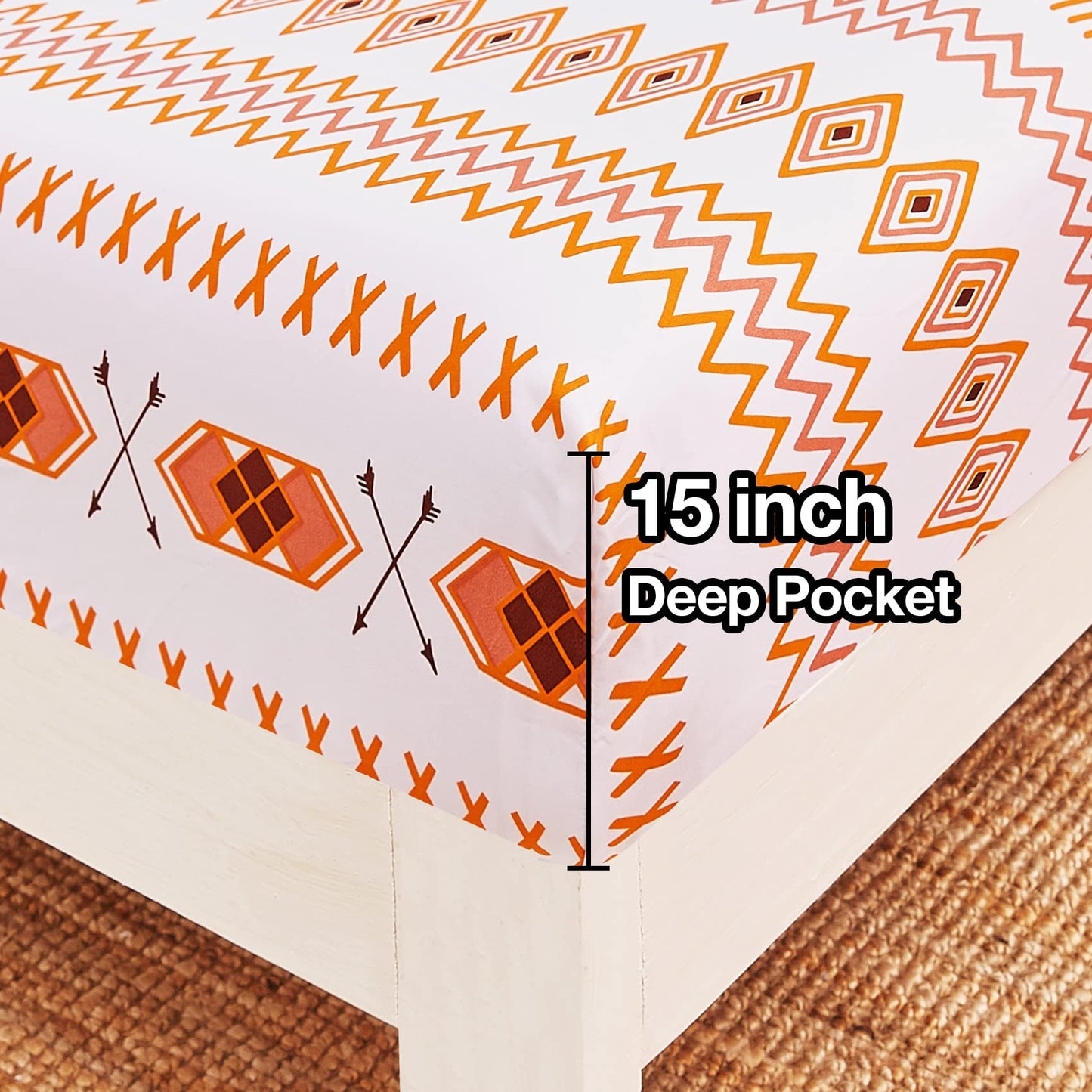 JSD Orange Boho Sheet Set Full Size, Soft Geometric Printed Microfiber Sheets Extra Deep Pocket Wrinkle Free