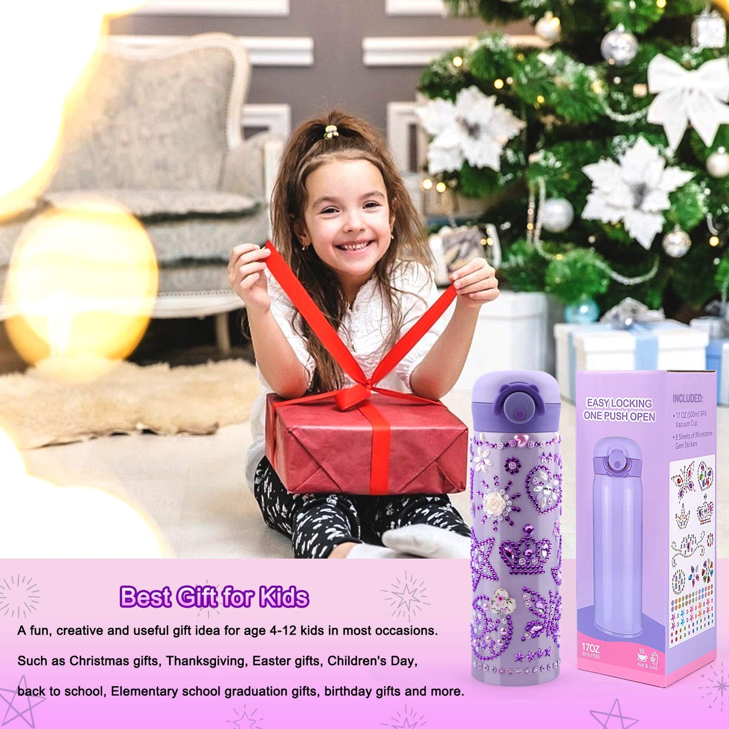 HULASO Christmas Gifts for Kids 7 Year Old Girls Decorate Your Own Water Bottles with Gem Stickers - DIY Birthday Gifts Arts and Crafts, BPA Free Stainless Steel Vacuum Insulated Mug (17 OZ)