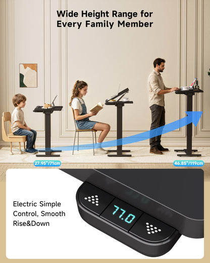 BIZUM Small Electric Standing Desk, Overbed Table Wireless Tilt Top with Hidden Wheels, 27.6×15.8 Inch Adjustable Rolling Laptop Desk, USB-C Rechargeable Battery, Black