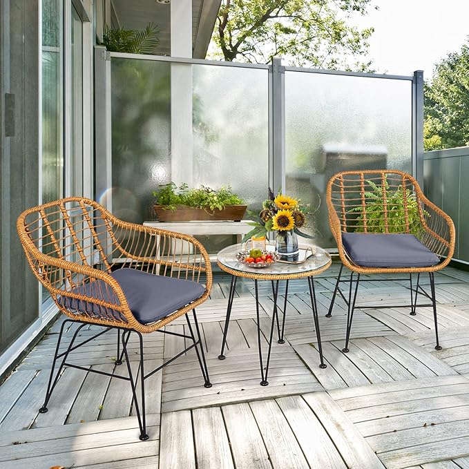 Tangkula 3 Pieces Patio Bistro Set, Rattan Conversation Set