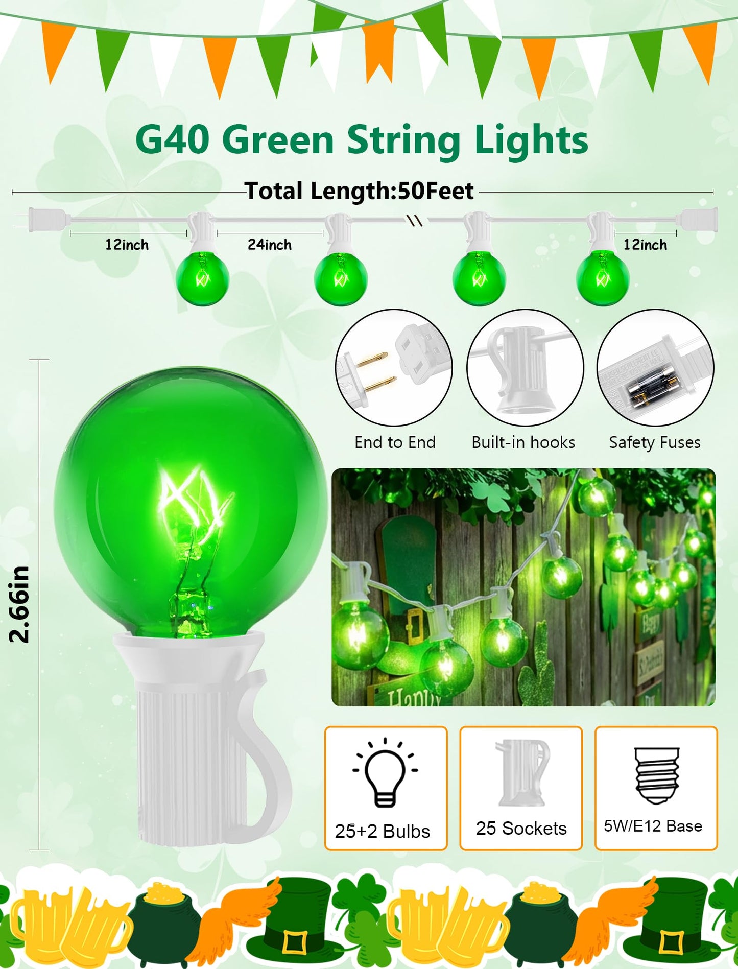 50Ft St. Patrick's Day G40 Outdoor String Lights, G40 Globe Patio String Lights Waterproof with 27 Green Incandescent Bulbs, Connectable Hanging Light for Backyard Porch Balcony St Patricks Day Decor