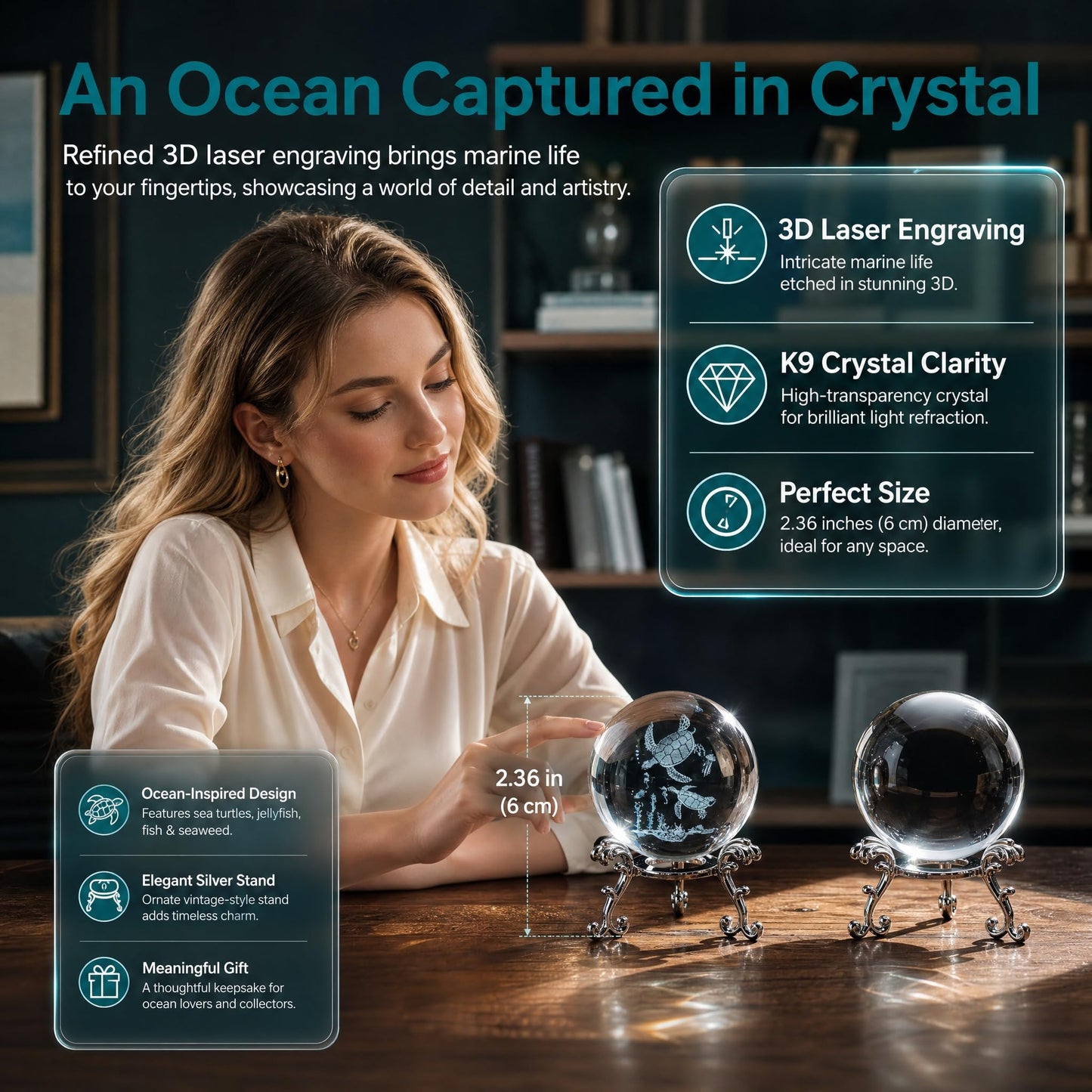 vskikris 2 Crystal Balls with Silver Stands - 3D Laser Engraved Sea Turtle & Clear Crystal Sphere Set, Decorative Paperweights, Home & Party Decor, Photography Props, Gifts for Women & Nature Lovers