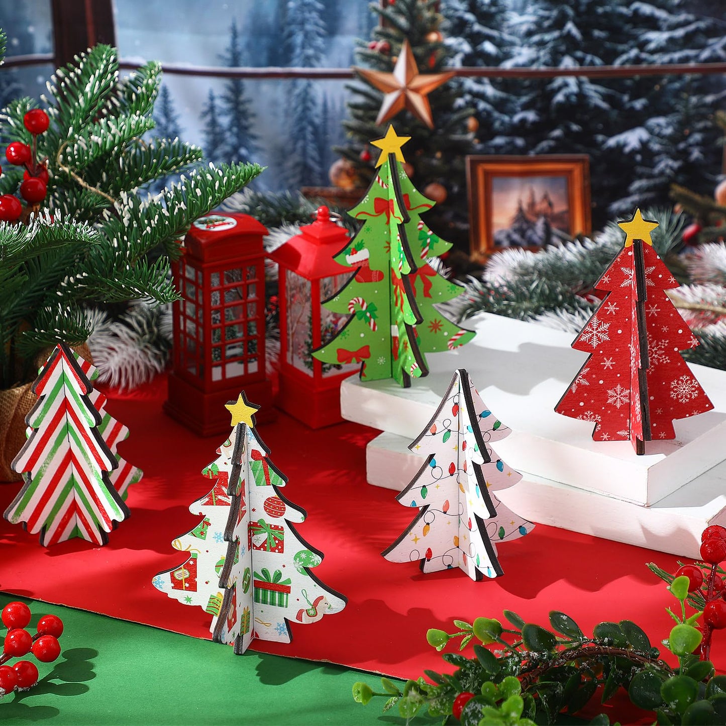 Bucherry 5 Pcs Wooden Christmas Trees Tabletop Decorations Rustic 3D Christmas Trees Xmas Centerpieces Farmhouse Table Wooden Signs for Xmas Winter Farmhouse Home Tiered Tray Decor