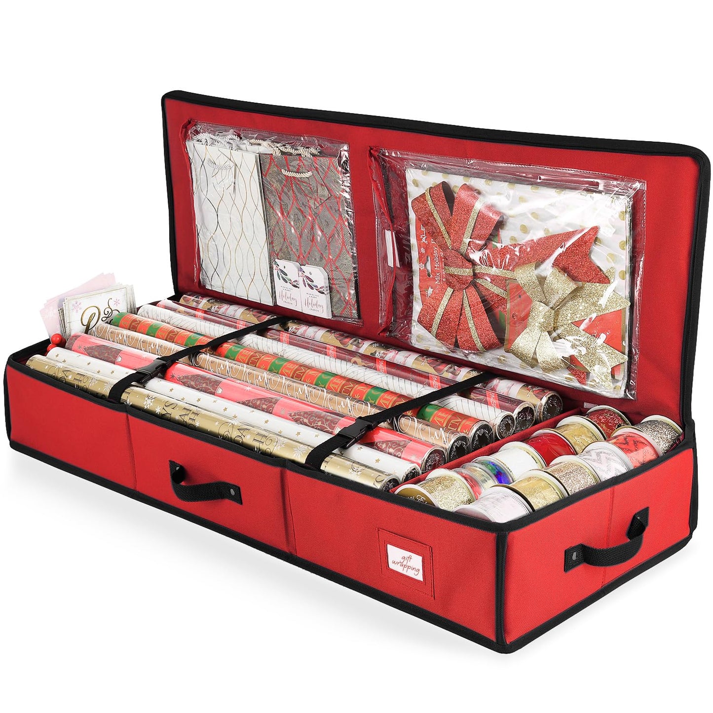 Hearth & Harbor Wrapping Paper Storage Container - Christmas Storage Bag with Interior Pockets - Gift Wrap Organizer Fits Up to 22 Rolls of 40" - Tear Proof, Red