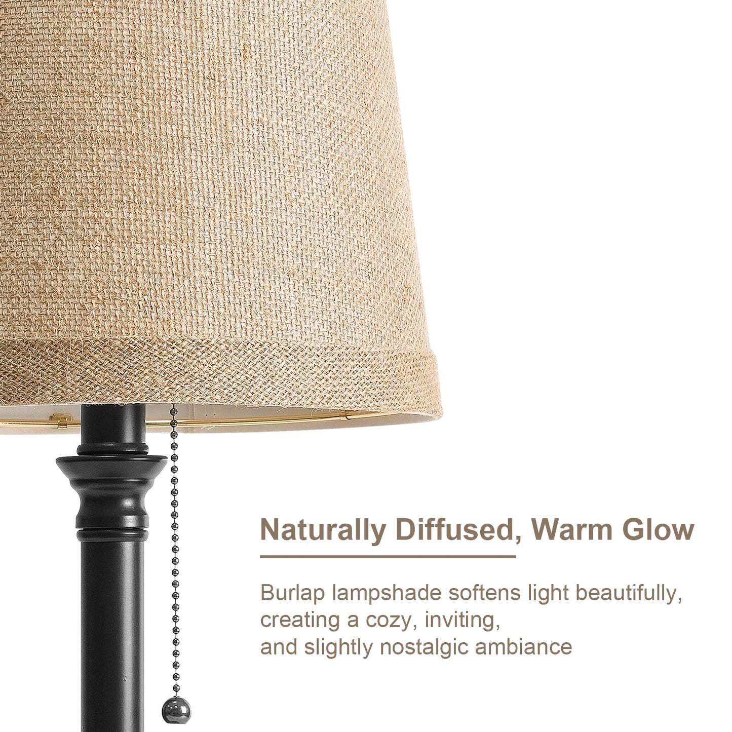 Oneach 19.5" Small Table Lamp with USB A+C Charging Ports, Black Modern Rustic Bedside Lamp with Natural Shade, Black Metal Pull Chain Desk Lamps for Living Room, Bedroom, Nightstand