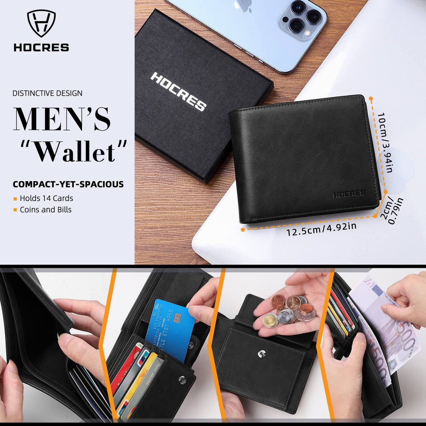 HOCRES® Wallets for Mens RFID Blocking Leather Slim Wallet with 15 Credit Card Holders, 2 Banknote Compartments & 2 ID Window Minimalist Wallets with Gift Box
