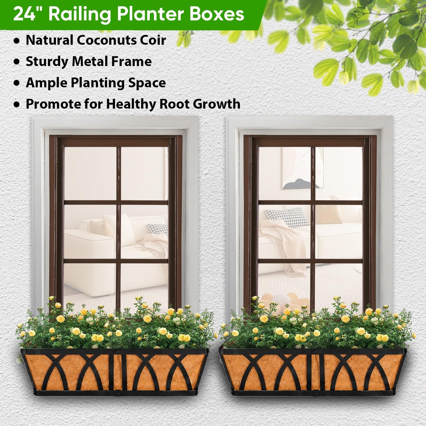 HKZ Deck Balcony Railing Planter Window Boxes - 3 Pack 24 Inch Planter Box, Balcony Planters Railing Hanging, Window Boxes Outdoor Fence Planters