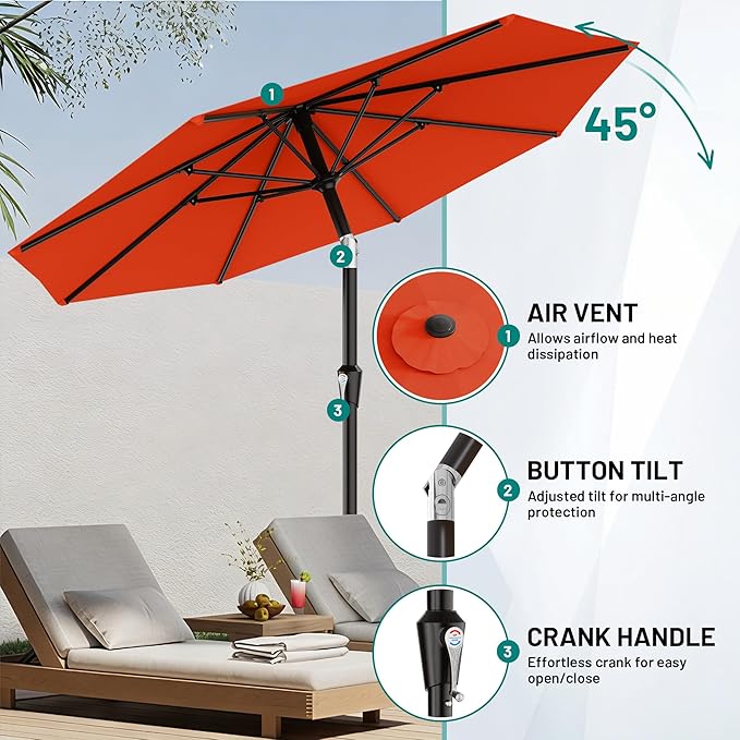 AreShark 9 FT Patio Umbrella for Outdoor, Outdoor Umbrella with Push Button Tilt and Crank, Outdoor Patio Umbrellas with 8 Sturdy Ribs for Market, Garden, Deck, Backyard, Pool (Orange)