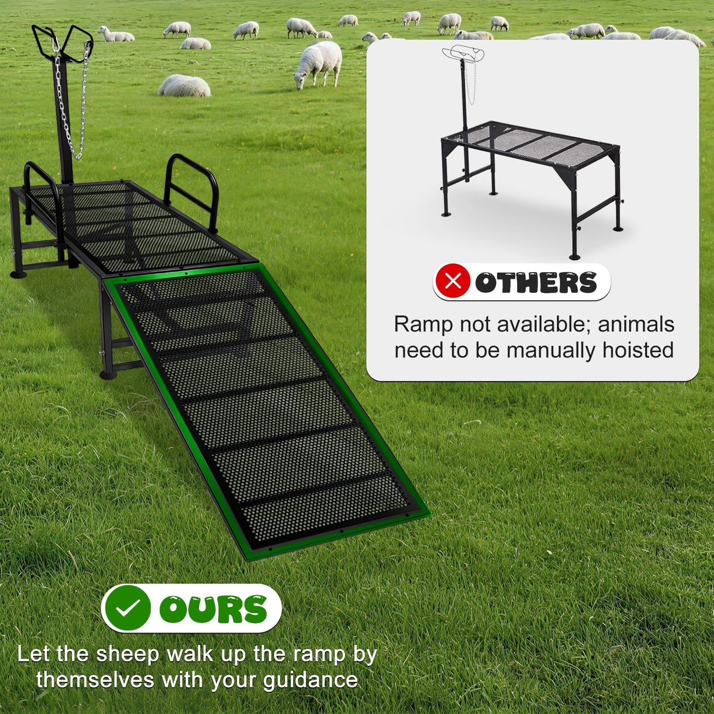 47"L Heavy Duty Goat Milking Stand with Detachable Ramp, 700lbs Capacity Sheep Trimming Station, Professional Livestock Grooming Platform with 4-Level Adjustable Headlock for Hoof Care