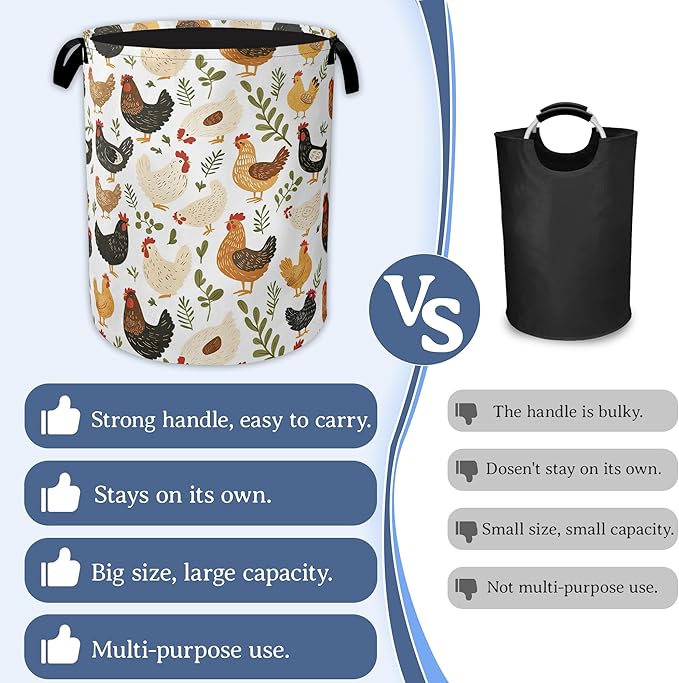 Rooster Hen Chick Laundry Basket, Foldable Waterproof Oxford Cloth Tote Bag