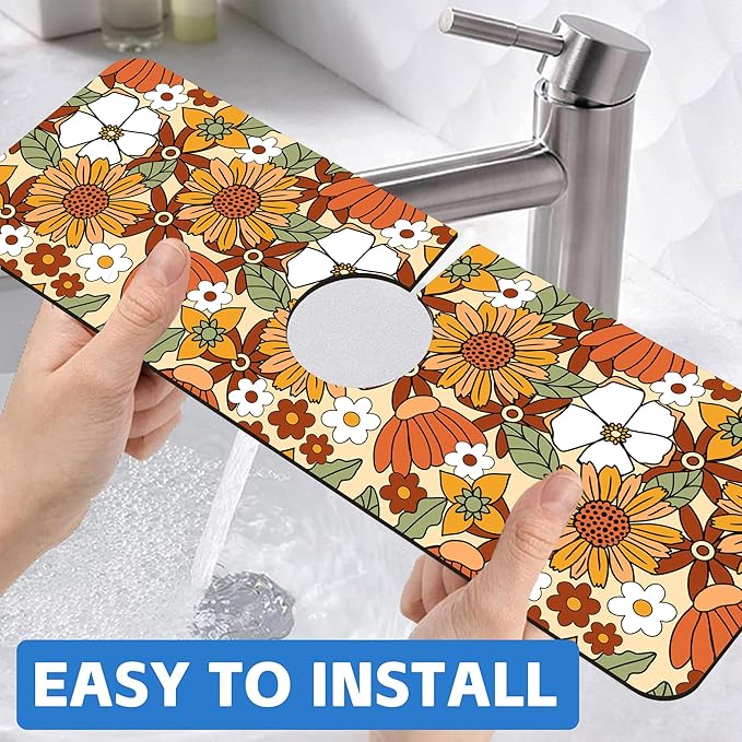 70s Retro Orange Floral Kitchen Sink Splash Guard Mat Absorbent Fast Drying Mat