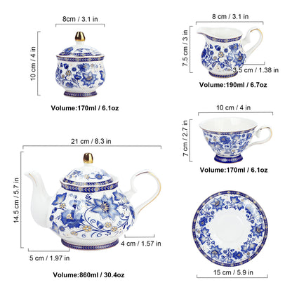 fanquare Porcelain Tea Sets,Blue British Coffee Cups& Saucer Service for 6, with Teapot,Sugar Bowl,Creamer Pitcher and Golden Metal Rack