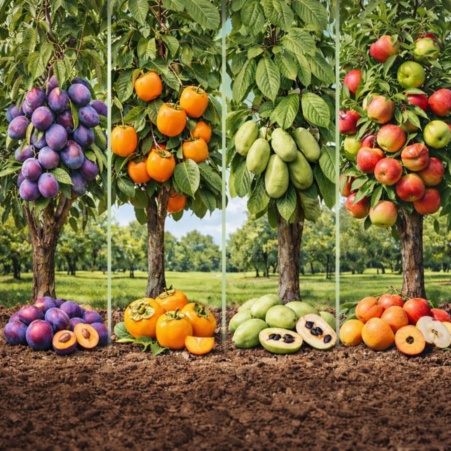 12 Live Fruit Tree Saplings Bundle (3 Plum, 3 Persimmon, 3 Pawpaw, 3 Apple) – Edible Fruit Tree Bundle – Backyard Orchard Starter Kit – Hardy Outdoor Live Plants – Grow Your Own Fresh Fruit