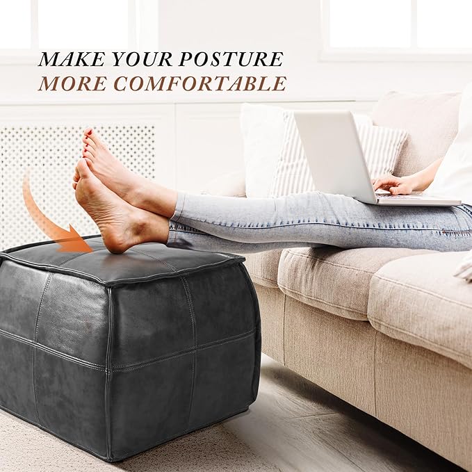 Leather Ottoman, Handmade Stuffed Square Ottoman, Genuine Leather Pouf