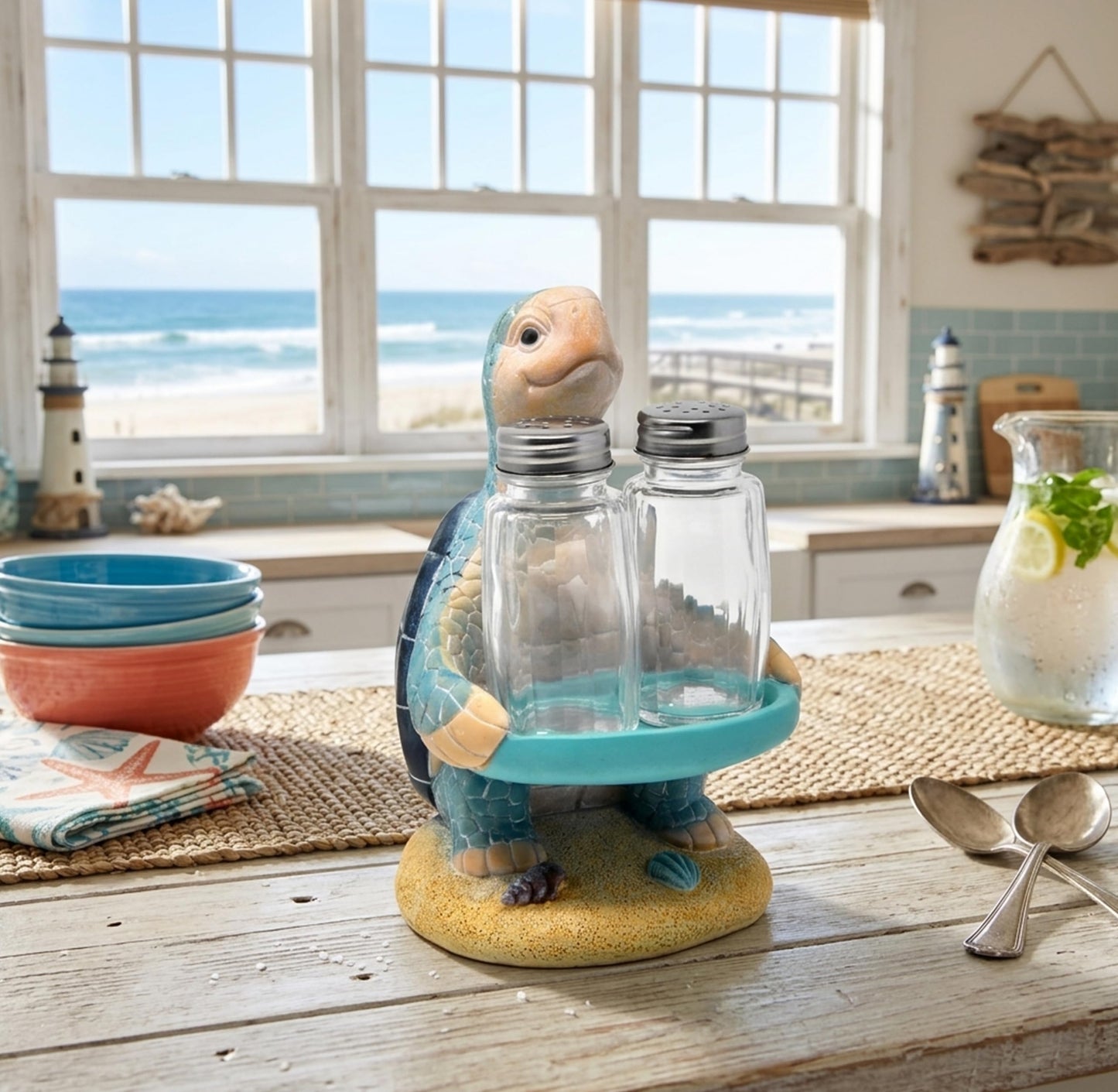 Sea Turtle Salt and Pepper Shakers Set with Holder, Coastal Beach Kitchen Table Decor, Ocean Themed Resin Figurine Set