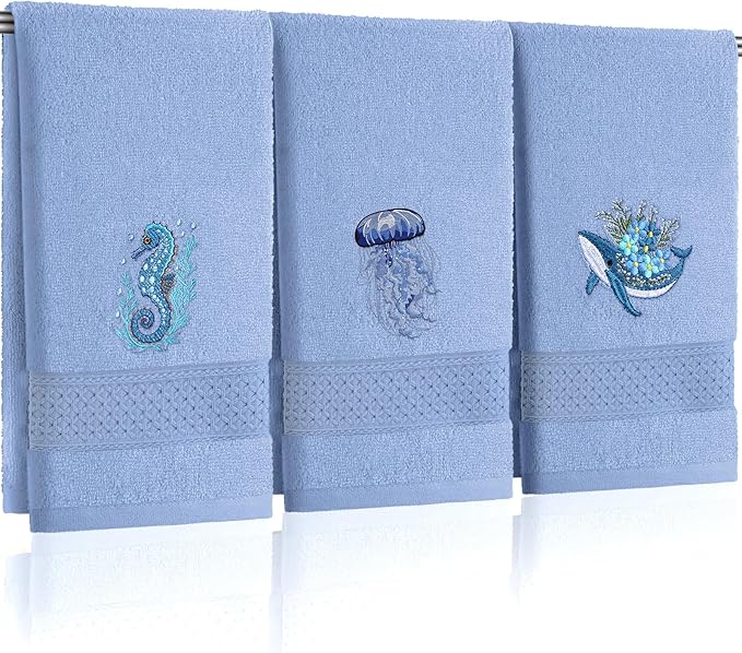 3 Pack Ocean Hand Towels for Bathroom 100% Cotton Embroidered Seahorse