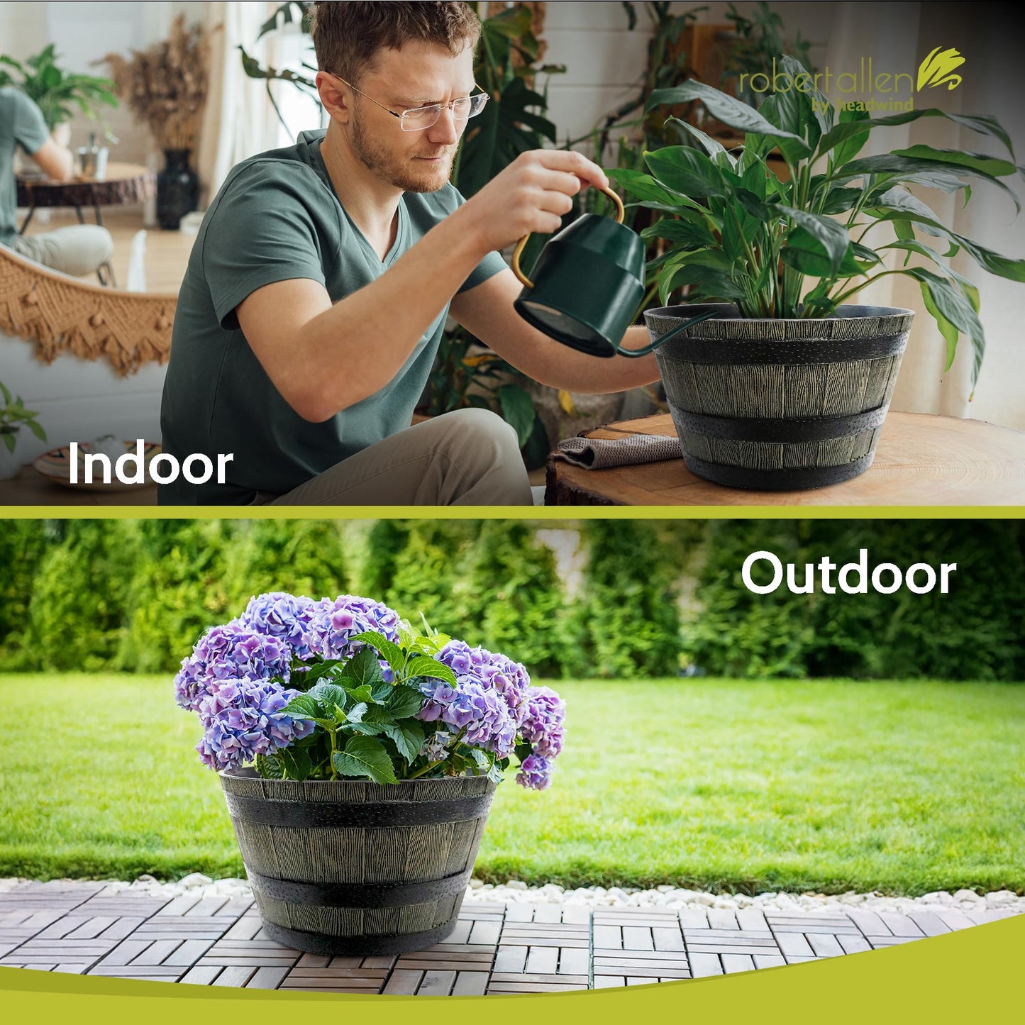 Headwind Whiskey Barrel Planter – 15 Inch Old Wood Barrel Planters for Outdoor Plants – Weather-Resistant Flower Pot with Wooden Finish – Decorative Indoor & Outdoor Garden Planter by Robert Allen
