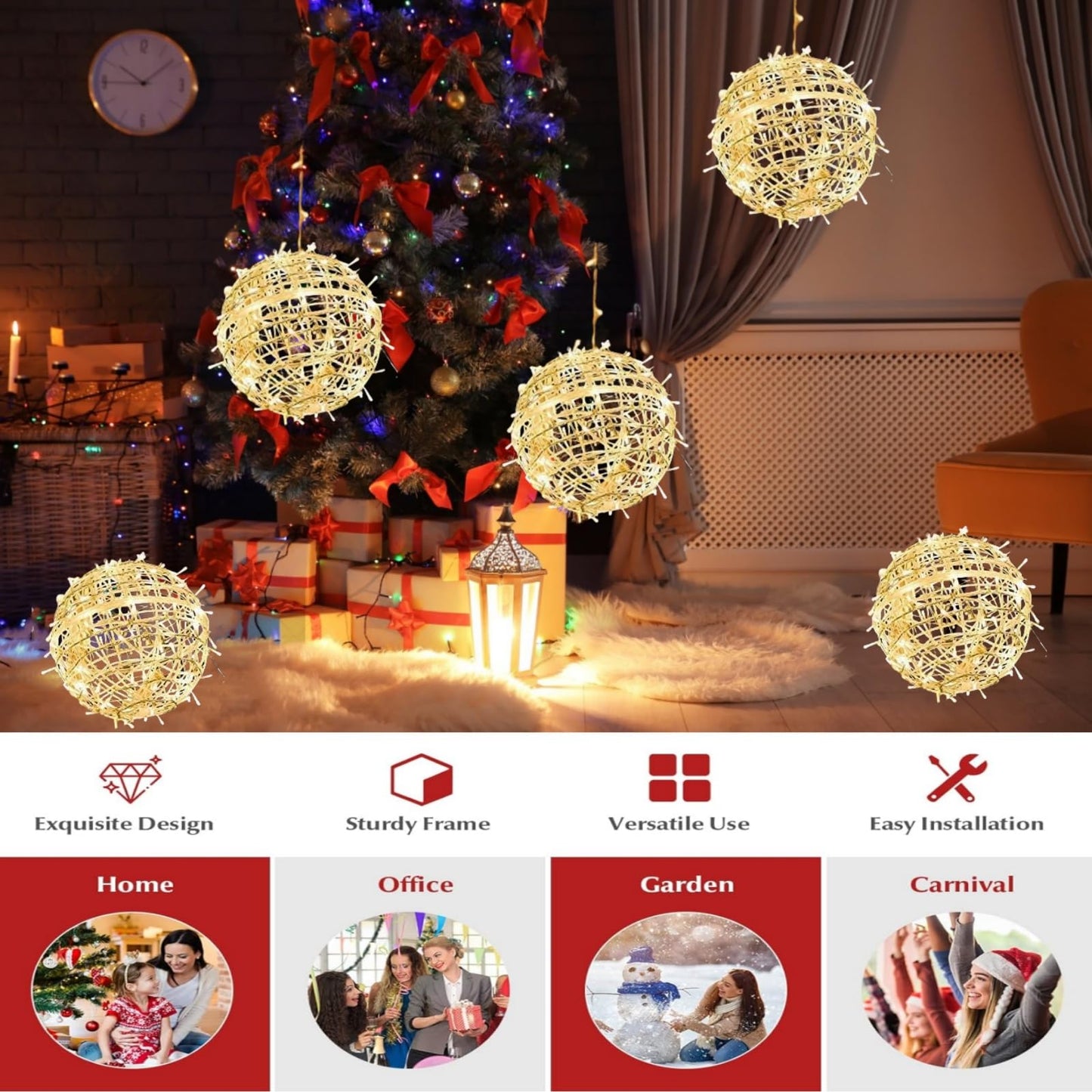 Outdoor Christmas Balls Lights 4 Pack Hanging 7.1" LED Garden Sphere Tree Lights 8 Modes Waterproof Glow Globe Lights with Memory Timer Plug for Party Yard Porch Eave Patio Xmas Decorations-Warm White