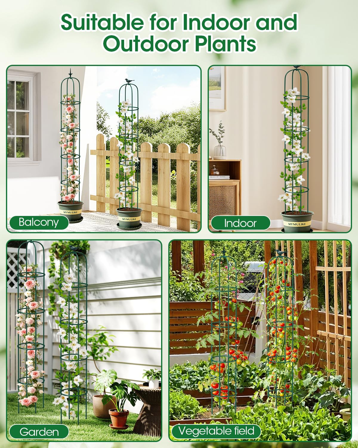 2PCS Garden Trellis for Climbing Plants, 6.2FT Rustproof Metal Pipe with Heavy Duty Plastic Coated, Garden Outdoor Indoor Potted Plant Support, Obelisk Garden Trellis for Climbing Vine (Green)