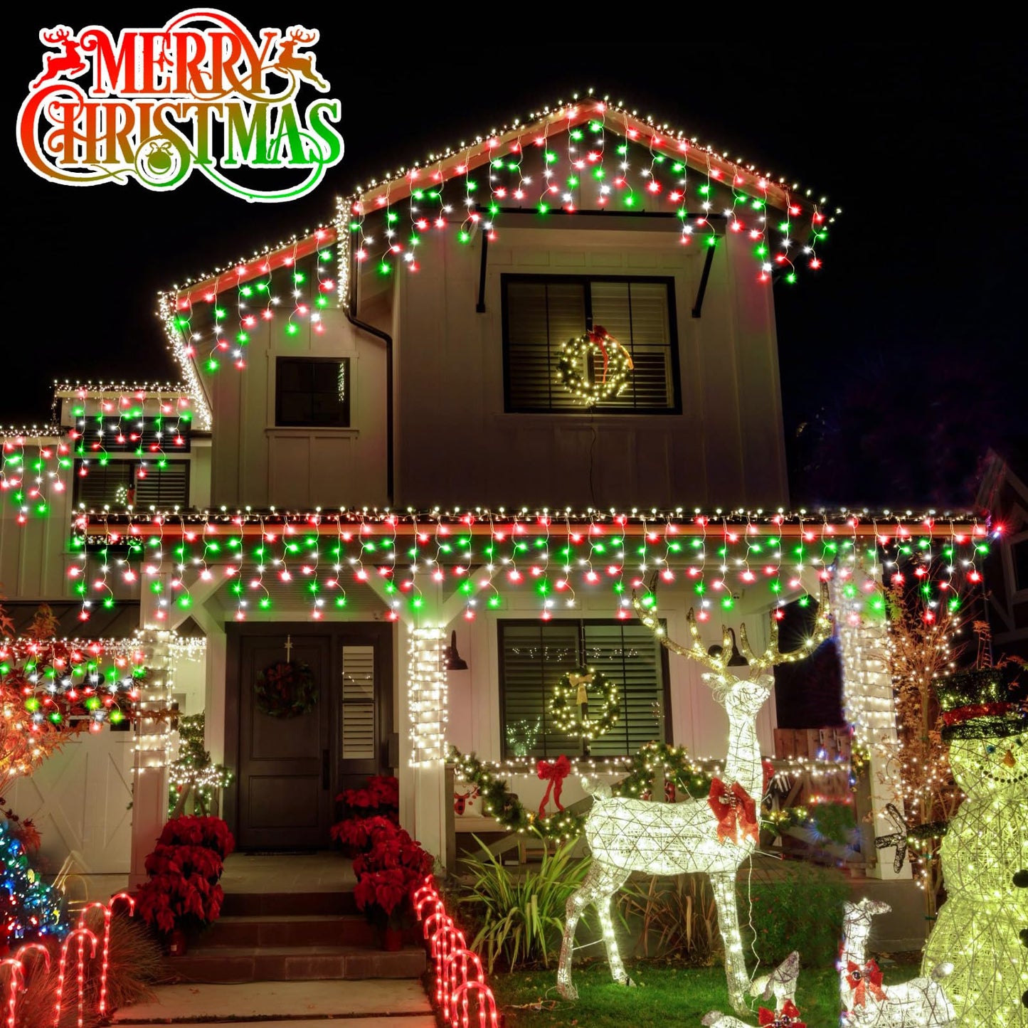 Christmas Lights Outdoor, 2 Pack Total 98FT 960 LED Ice Lights for Outside with 180 Drops 8 Modes Timer Memory, Plug in Waterproof for Holiday Eaves Yard Roof Party Decor (Red Green and Cool White)