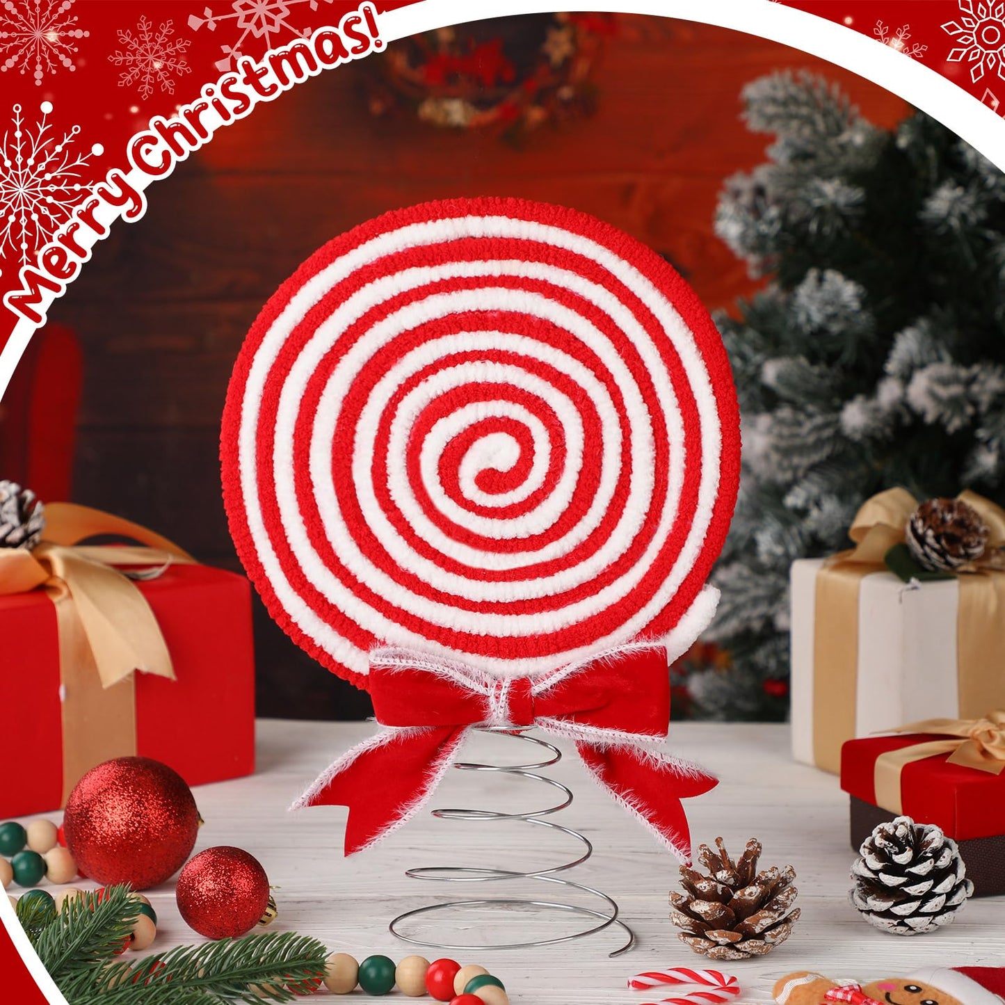 Soulchen Christmas Candy Tree Topper Peppermint Christmas Decor Toppers Large Glitter Candy Cane Tree Ornament Red and White Xmas Decoration 8 Inch Swirl Ornament for Home Xmas Holiday Party Decor